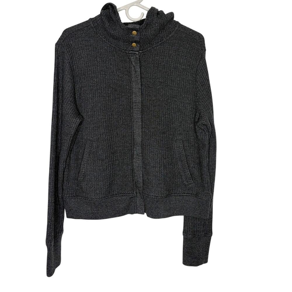Lucky Brand Waffle Knit Full Zip Hoodie Sz M Funnel Neck Charcoal Gray Casual